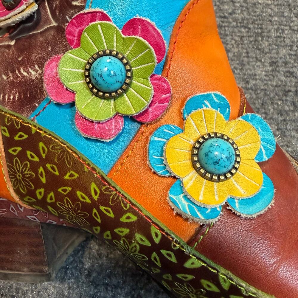 L'Artiste Leather Floral Colorful Block Heel Booties Women 9.5 Spring Step - Picture 7 of 10